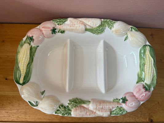 Large Embossed Ceramic Serving Dish w/ Vegetable Design