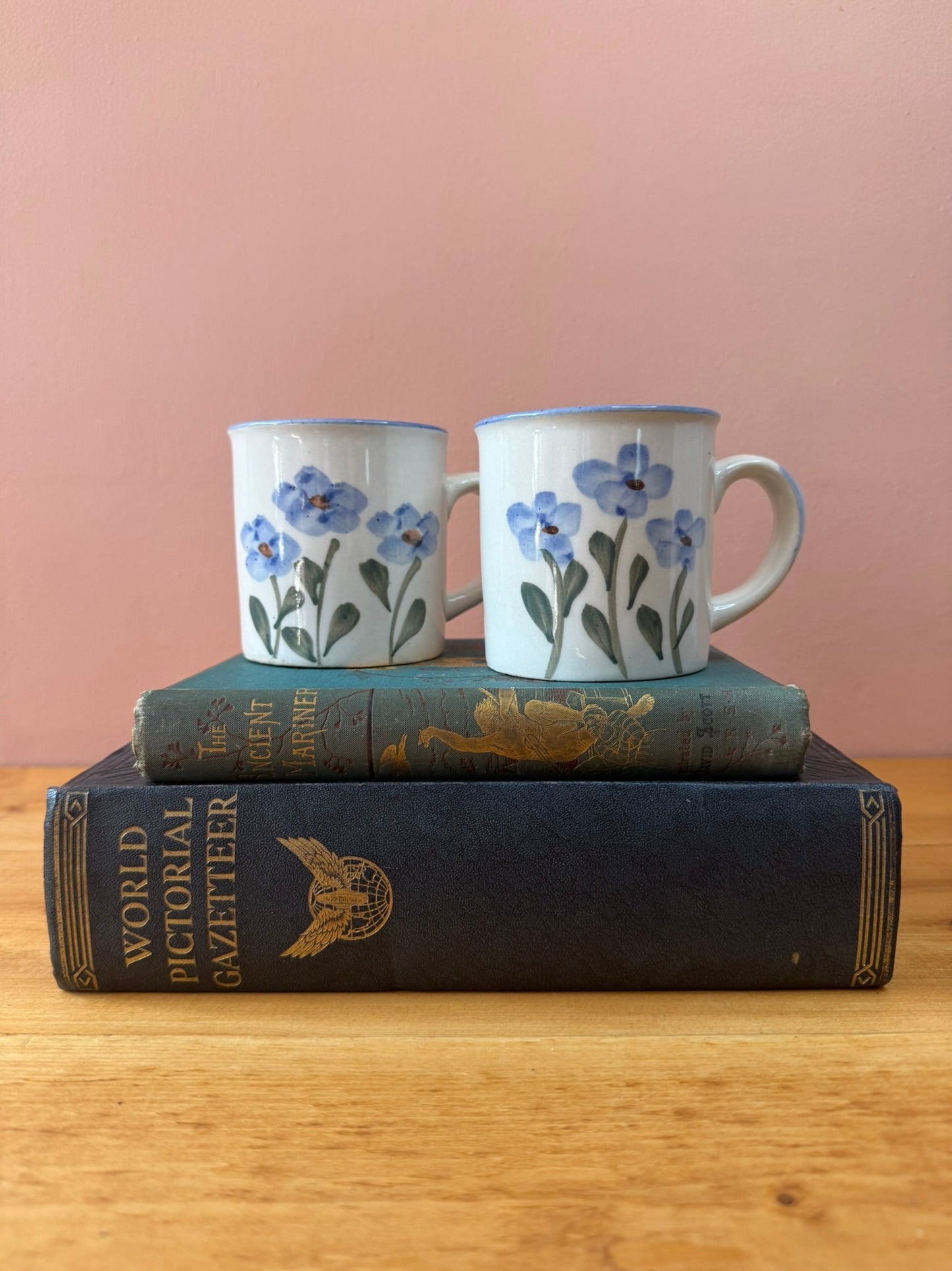 Pair of Blue and Green Ceramic Wildflower Mugs