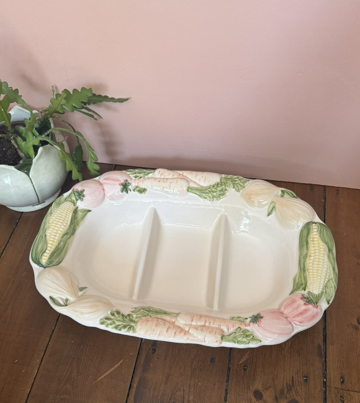 Large Embossed Ceramic Serving Dish w/ Vegetable Design